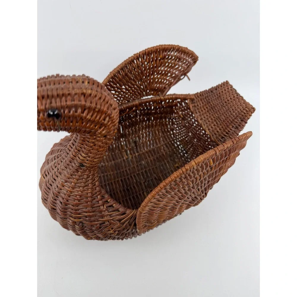 Vintage Wicker Duck Swan Basket Brown Hand Woven Animal Figural Decor 10 Inch